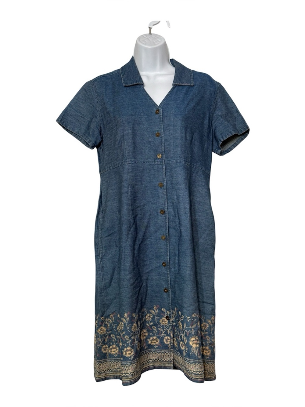VTG Liz Claiborne Denim Dress Button Up Floral Trim 90s Cottage Art Women’s M